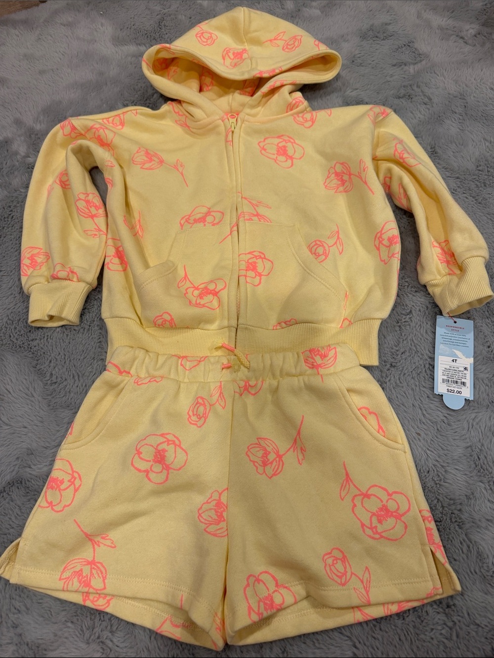 Toddler 4T Yellow & Pink Floral Hoodie and Shorts Set